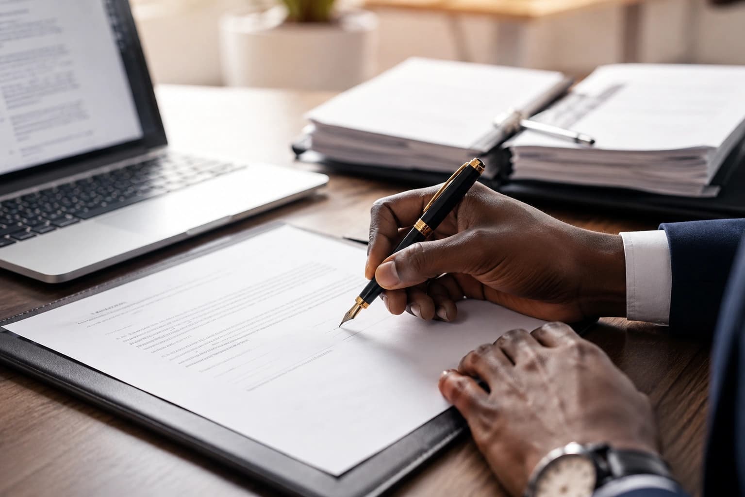 A hand signing a contract with a fountain pen beside an open laptop