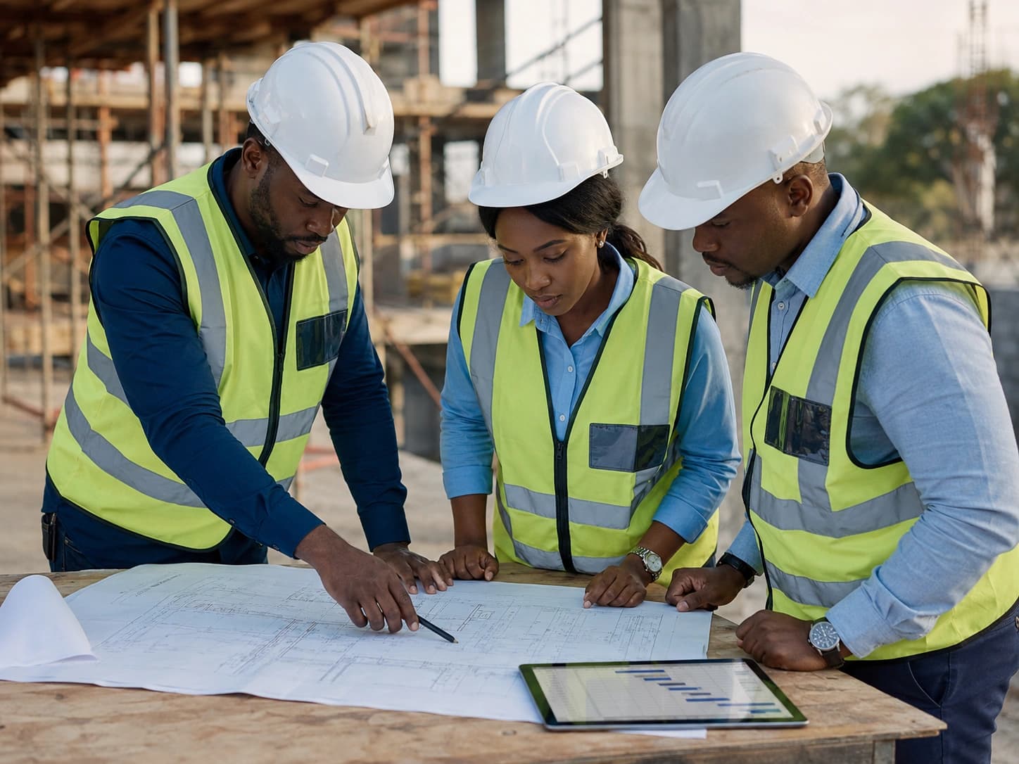 A team in hard hats and high-visibility vests reviewing a site plan and a tablet